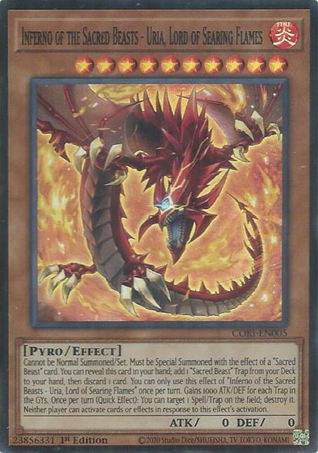Inferno of the Sacred Beasts - Uria, Lord of Searing Flames trading card from Chaos Origins Inferno of the Sacred Beasts - Uria, Lord of Searing Flames - Chaos Origins YuGiOh trading card