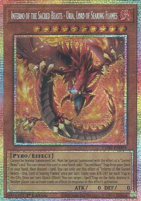 Inferno of the Sacred Beasts - Uria, Lord of Searing Flames (Starlight Rare) trading card from Chaos Origins Inferno of the Sacred Beasts - Uria, Lord of Searing Flames (Starlight Rare) - Chaos Origins YuGiOh trading card