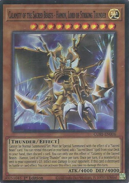 Calamity of the Sacred Beasts - Hamon, Lord of Striking Thunder trading card from Chaos Origins Calamity of the Sacred Beasts - Hamon, Lord of Striking Thunder - Chaos Origins YuGiOh trading card