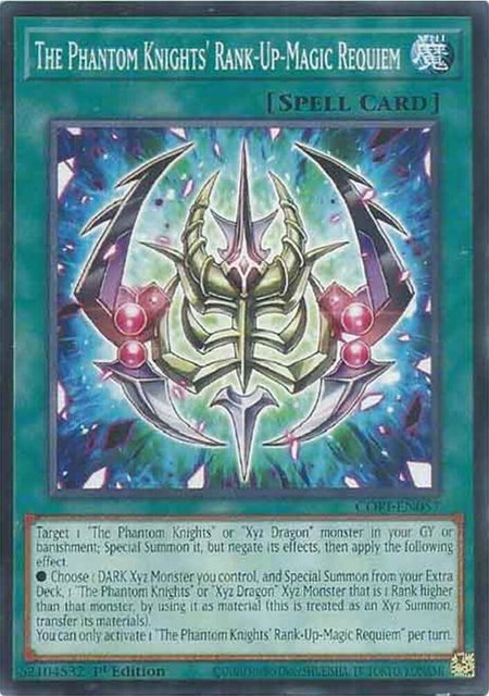 The Phantom Knights' Rank-Up-Magic Requiem trading card from Chaos Origins The Phantom Knights' Rank-Up-Magic Requiem - Chaos Origins YuGiOh trading card