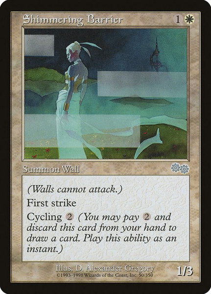 Shimmering Barrier trading card from Urza's Saga Shimmering Barrier - Urza's Saga Magic: The Gathering trading card