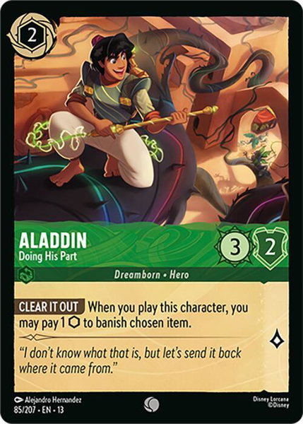 Aladdin - Doing His Part trading card from Attack of the Vine! Aladdin - Doing His Part - Attack of the Vine! Disney Lorcana trading card