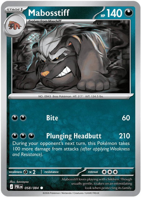 Mabosstiff trading card from ME05: Pitch Black Mabosstiff - ME05: Pitch Black Pokémon trading card