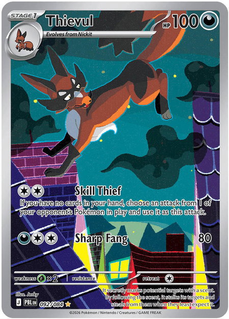 Thievul - 092/084 trading card from ME05: Pitch Black Thievul - 092/084 - ME05: Pitch Black Pokémon trading card