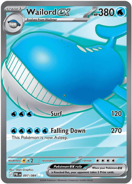 Wailord ex - 097/084 trading card from ME05: Pitch Black Wailord ex - 097/084 - ME05: Pitch Black Pokémon trading card