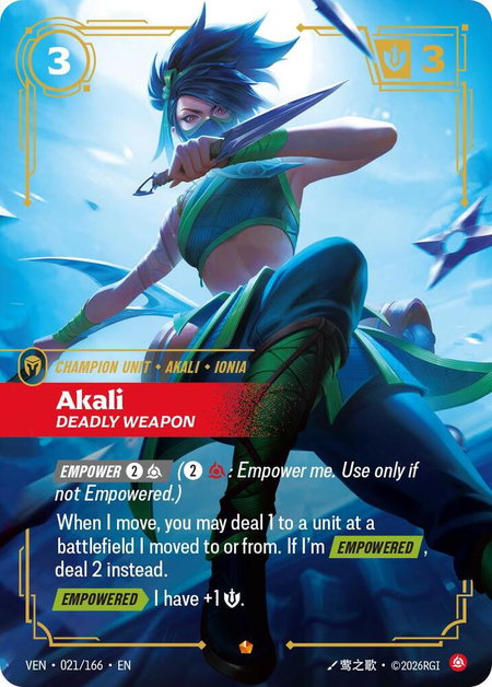 Akali - Deadly Weapon trading card from Vendetta Akali - Deadly Weapon - Vendetta Riftbound trading card