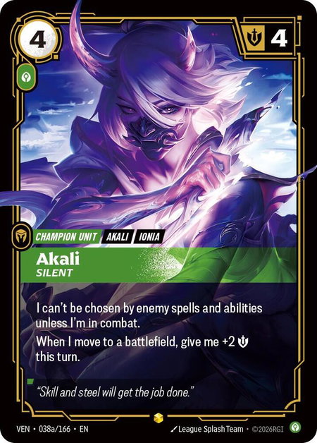 Akali - Silent (Alternate Art) trading card from Vendetta Akali - Silent (Alternate Art) - Vendetta Riftbound trading card