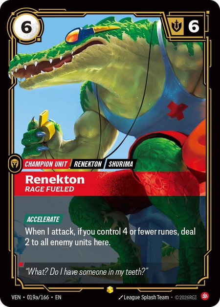 Renekton - Rage Fueled (Alternate Art) trading card from Vendetta Renekton - Rage Fueled (Alternate Art) - Vendetta Riftbound trading card