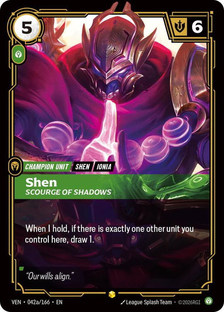Shen - Scourge of Shadows (Alternate Art) trading card from Vendetta Shen - Scourge of Shadows (Alternate Art) - Vendetta Riftbound trading card