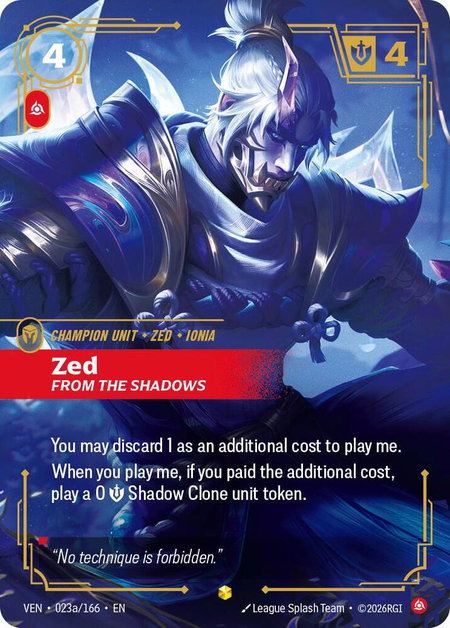 Zed - From the Shadows (Alternate Art) trading card from Vendetta Zed - From the Shadows (Alternate Art) - Vendetta Riftbound trading card