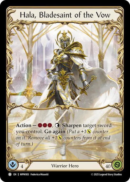 Hala, Bladesaint of the Vow trading card from Mastery Pack Warrior Hala, Bladesaint of the Vow - Mastery Pack Warrior Flesh and Blood trading card