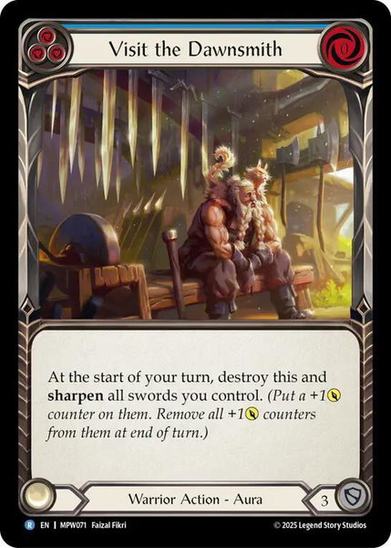 Visit the Dawnsmith (Blue) trading card from Mastery Pack Warrior Visit the Dawnsmith (Blue) - Mastery Pack Warrior Flesh and Blood trading card