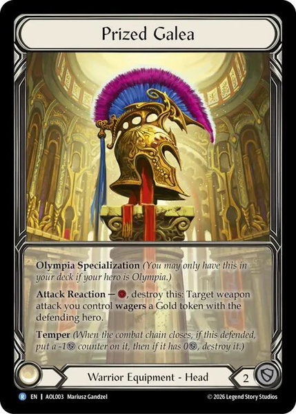 Prized Galea (Extended Art) trading card from Armory Deck: Olympia Prized Galea (Extended Art) - Armory Deck: Olympia Flesh and Blood trading card