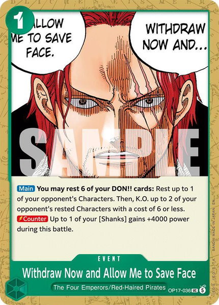 Withdraw Now and Allow Me to Save Face trading card from The World's Strongest Warriors Withdraw Now and Allow Me to Save Face - The World's Strongest Warriors One Piece trading card