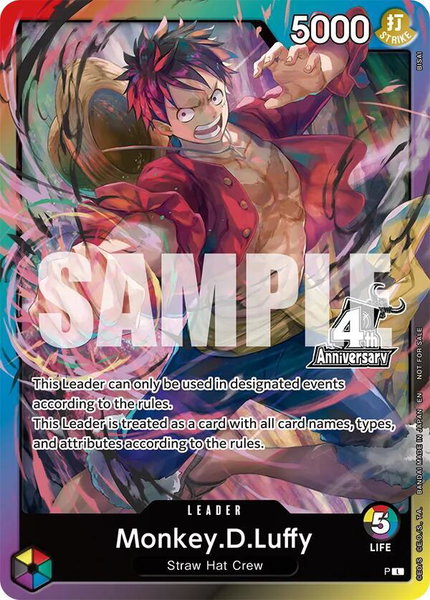 Monkey.D.Luffy (4th Anniversary Leader Card) trading card from One Piece Promotion Cards Monkey.D.Luffy (4th Anniversary Leader Card) - One Piece Promotion Cards One Piece trading card