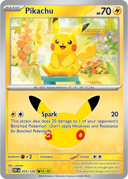 Pikachu - 025/128 trading card from ME: 30th Celebration Pikachu - 025/128 - ME: 30th Celebration Pokémon trading card