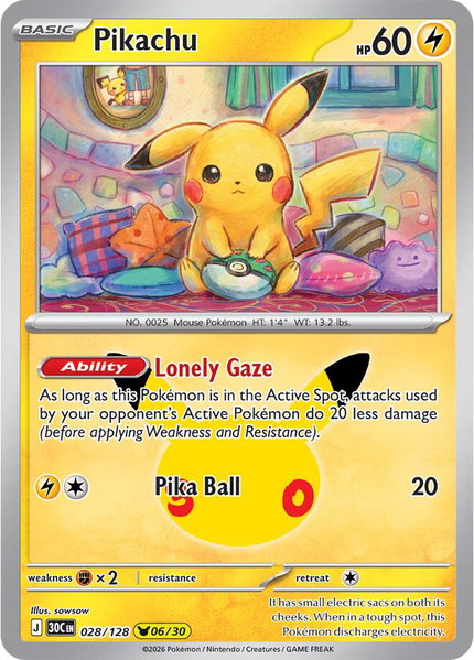 Pikachu - 028/128 trading card from ME: 30th Celebration Pikachu - 028/128 - ME: 30th Celebration Pokémon trading card