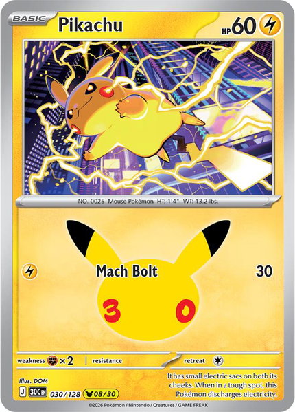 Pikachu - 030/128 trading card from ME: 30th Celebration Pikachu - 030/128 - ME: 30th Celebration Pokémon trading card