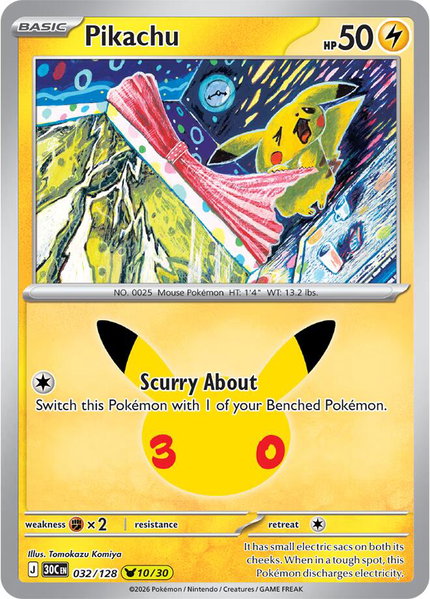 Pikachu - 032/128 trading card from ME: 30th Celebration Pikachu - 032/128 - ME: 30th Celebration Pokémon trading card