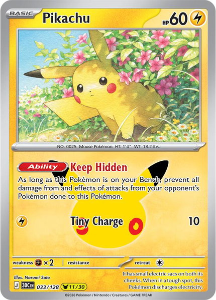 Pikachu - 033/128 trading card from ME: 30th Celebration Pikachu - 033/128 - ME: 30th Celebration Pokémon trading card