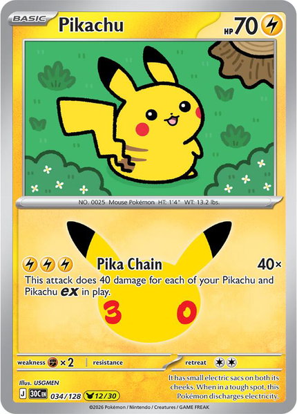 Pikachu - 034/128 trading card from ME: 30th Celebration Pikachu - 034/128 - ME: 30th Celebration Pokémon trading card