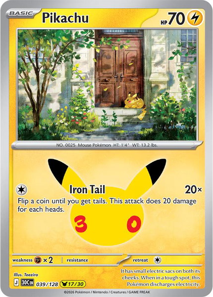 Pikachu - 039/128 trading card from ME: 30th Celebration Pikachu - 039/128 - ME: 30th Celebration Pokémon trading card