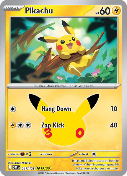 Pikachu - 041/128 trading card from ME: 30th Celebration Pikachu - 041/128 - ME: 30th Celebration Pokémon trading card