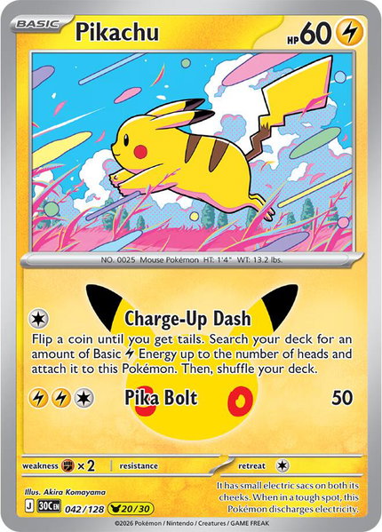 Pikachu - 042/128 trading card from ME: 30th Celebration Pikachu - 042/128 - ME: 30th Celebration Pokémon trading card
