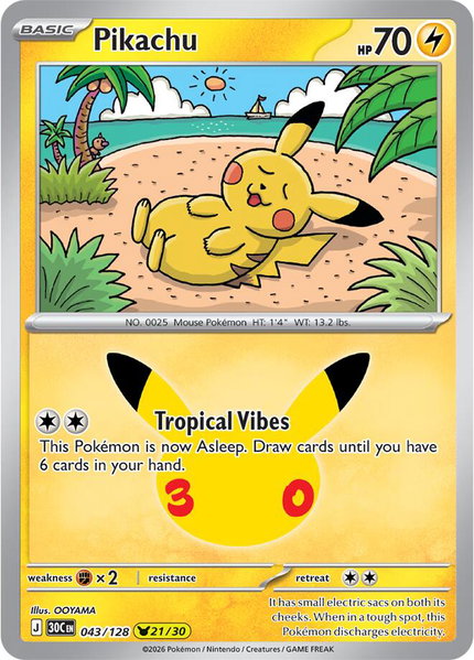 Pikachu - 043/128 trading card from ME: 30th Celebration Pikachu - 043/128 - ME: 30th Celebration Pokémon trading card