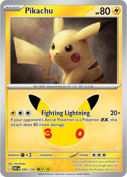 Pikachu - 049/128 trading card from ME: 30th Celebration Pikachu - 049/128 - ME: 30th Celebration Pokémon trading card