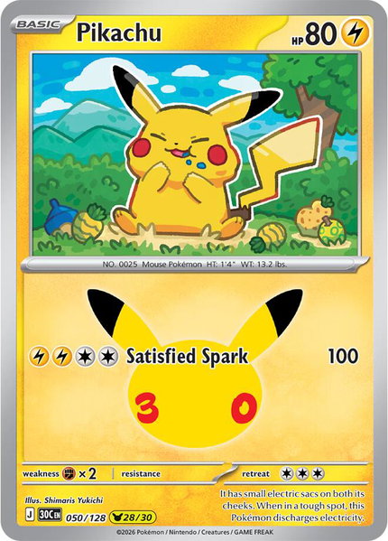 Pikachu - 050/128 trading card from ME: 30th Celebration Pikachu - 050/128 - ME: 30th Celebration Pokémon trading card