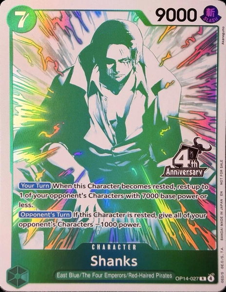 Shanks (4th Anniversary Treasure Campaign Pack) trading card from One Piece Promotion Cards Shanks (4th Anniversary Treasure Campaign Pack) - One Piece Promotion Cards One Piece trading card