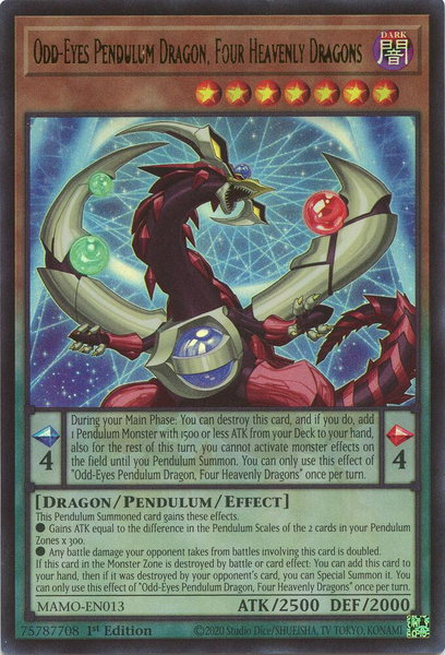 Odd-Eyes Pendulum Dragon, Four Heavenly Dragons trading card from Magnificent Monsters Odd-Eyes Pendulum Dragon, Four Heavenly Dragons - Magnificent Monsters YuGiOh trading card