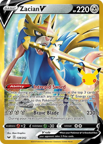 Zacian V trading card from ME: 30th Celebration Classic Collection Zacian V - ME: 30th Celebration Classic Collection Pokémon trading card