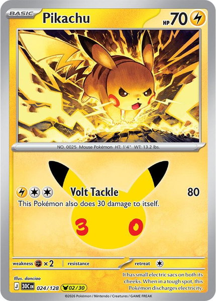 Pikachu - 024/128 trading card from ME: 30th Celebration Pikachu - 024/128 - ME: 30th Celebration Pokémon trading card