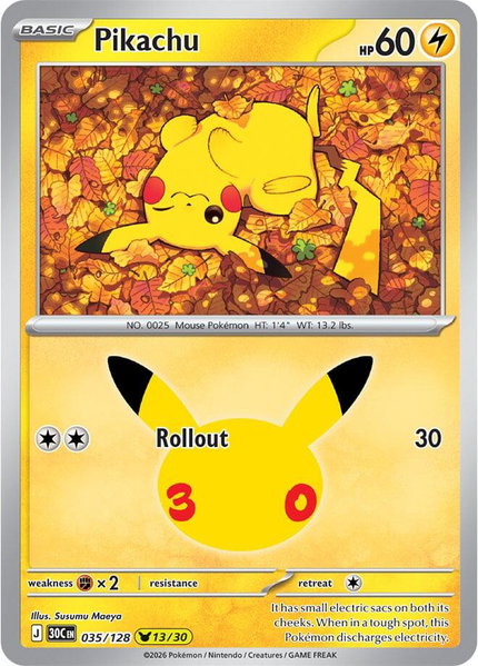Pikachu - 035/128 trading card from ME: 30th Celebration Pikachu - 035/128 - ME: 30th Celebration Pokémon trading card
