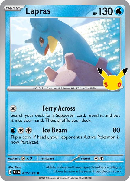 Lapras - 017/128 trading card from ME: 30th Celebration Lapras - 017/128 - ME: 30th Celebration Pokémon trading card
