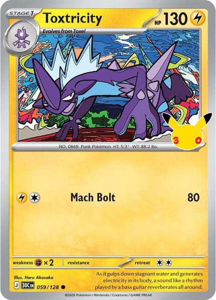Toxtricity - 059/128 trading card from ME: 30th Celebration Toxtricity - 059/128 - ME: 30th Celebration Pokémon trading card