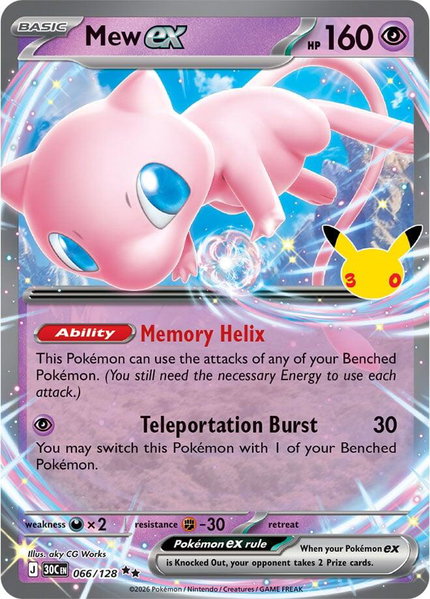 Mew ex - 066/128 trading card from ME: 30th Celebration Mew ex - 066/128 - ME: 30th Celebration Pokémon trading card