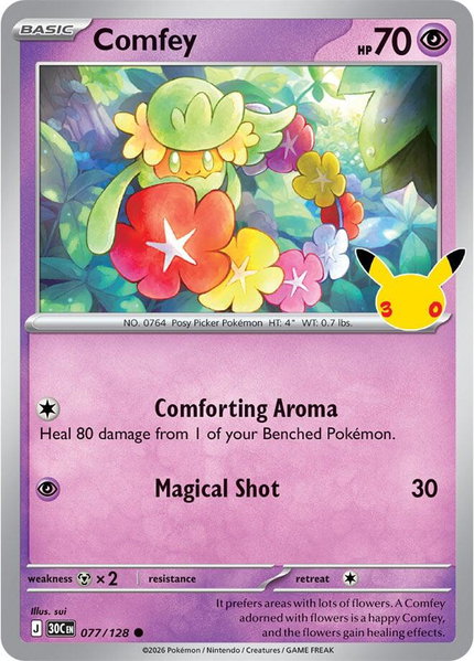 Comfey trading card from ME: 30th Celebration Comfey - ME: 30th Celebration Pokémon trading card