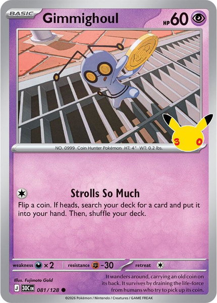 Gimmighoul trading card from ME: 30th Celebration Gimmighoul - ME: 30th Celebration Pokémon trading card