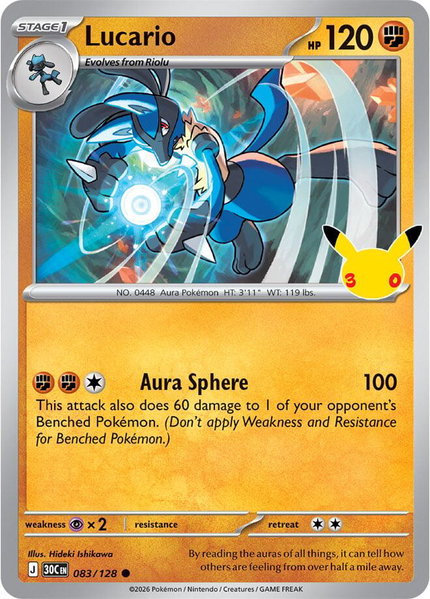 Lucario trading card from ME: 30th Celebration Lucario - ME: 30th Celebration Pokémon trading card
