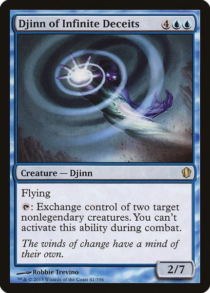 Djinn of Infinite Deceits trading card from Commander 2013 Djinn of Infinite Deceits - Commander 2013 Magic: The Gathering trading card