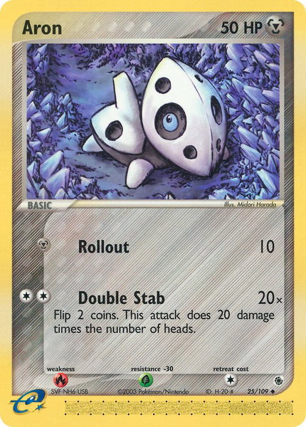 Aron - 25/109 trading card from Ruby and Sapphire Aron - 25/109 - Ruby and Sapphire Pokémon trading card