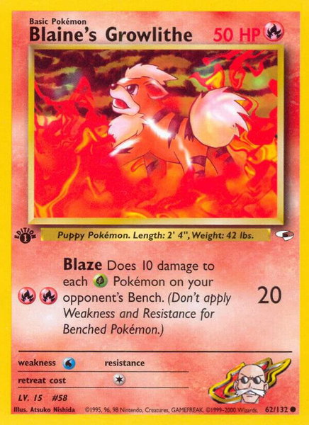 Blaine's Growlithe (62) trading card from Gym Heroes Blaine's Growlithe (62) - Gym Heroes Pokémon trading card