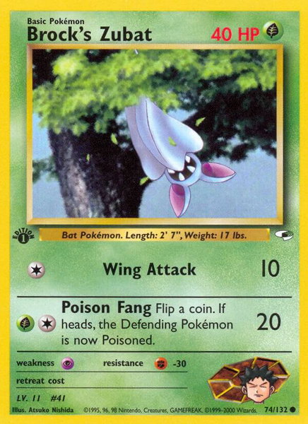 Brock's Zubat (74) trading card from Gym Heroes Brock's Zubat (74) - Gym Heroes Pokémon trading card