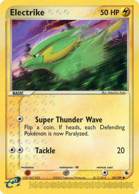 Electrike - 53/109 trading card from Ruby and Sapphire Electrike - 53/109 - Ruby and Sapphire Pokémon trading card