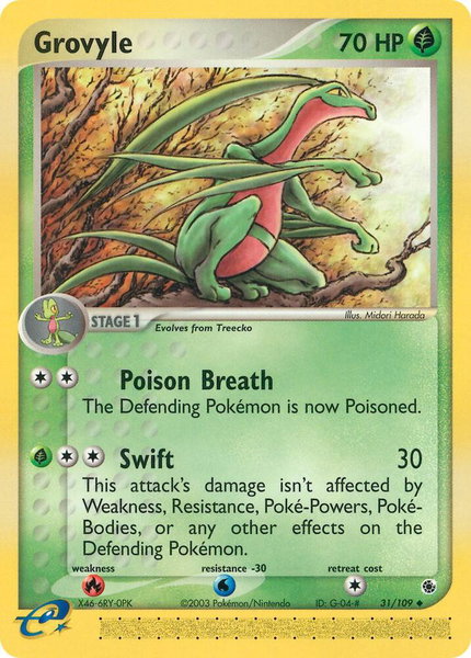 Grovyle - 31/109 trading card from Ruby and Sapphire Grovyle - 31/109 - Ruby and Sapphire Pokémon trading card