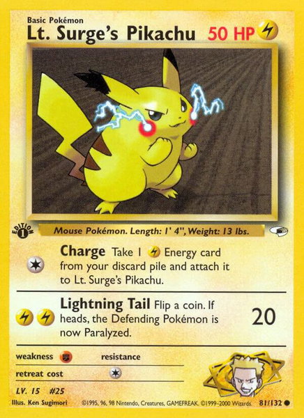 Lt. Surge's Pikachu trading card from Gym Heroes Lt. Surge's Pikachu - Gym Heroes Pokémon trading card