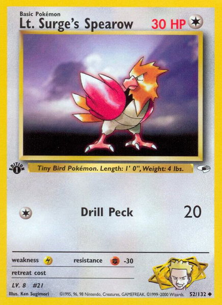 Lt. Surge's Spearow (52) trading card from Gym Heroes Lt. Surge's Spearow (52) - Gym Heroes Pokémon trading card